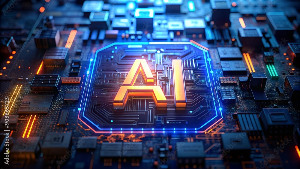 Poster motherboard with ai chip - concept of artificial intelligence technology and microprocessor on pcb c