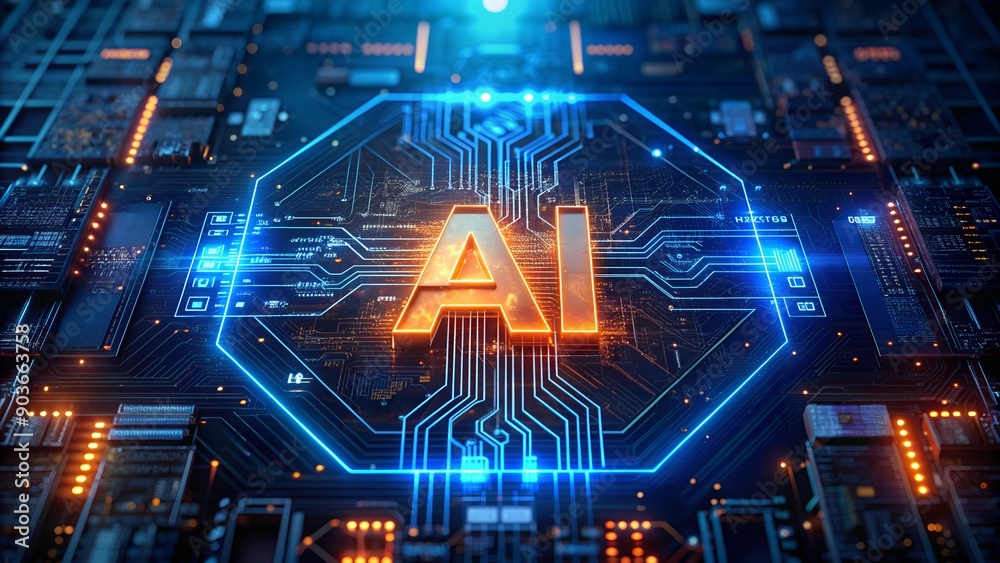 Poster motherboard with ai chip - concept of artificial intelligence technology and microprocessor on pcb c