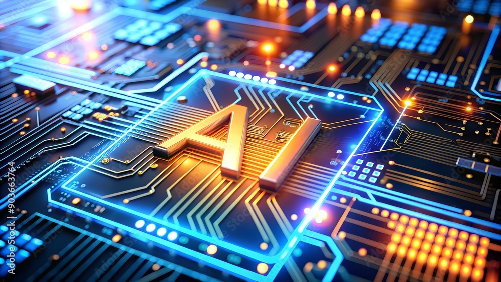 Poster motherboard with ai chip - concept of artificial intelligence technology and microprocessor on pcb c