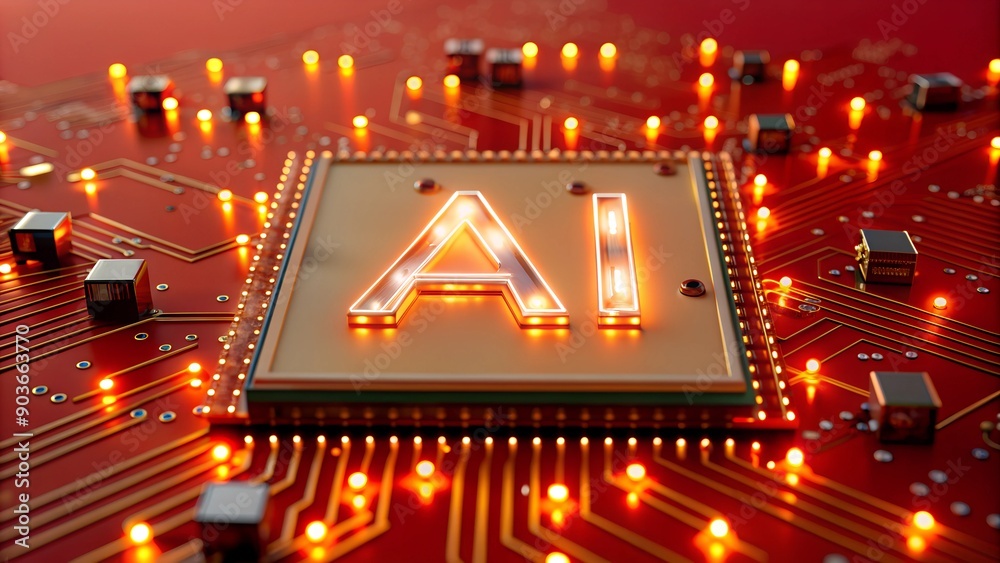 Poster motherboard with ai chip - concept of artificial intelligence technology and microprocessor on pcb c