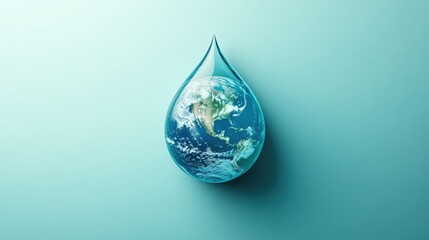 Surreal image of Earth encapsulated in a water droplet on a light blue background, symbolizing environmental conservation and global water resources.