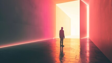 Obraz premium Silhouette of a person standing in a neon lit hallway, facing an open door. The light shines through the doorway, suggesting a path to a brighter future.