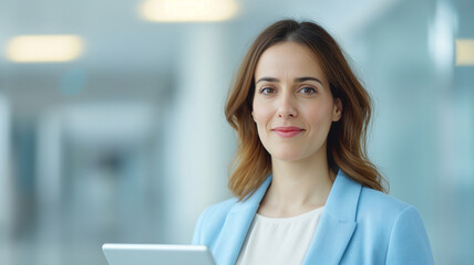 A confident businesswoman in a light blue blazer smiles while holding a tablet in a modern office, highlighting her readiness and poise in a corporate environment.