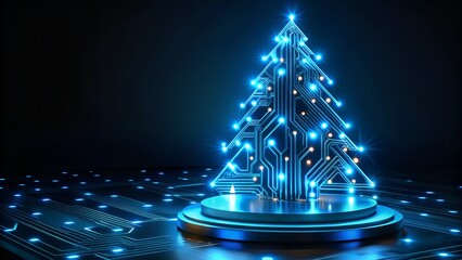 Futuristic Technology Holiday: Neon Blue Microchip Christmas Tree with Luminescent Circuitry Lights on Motherboard Base - Digital Celebration Concept
