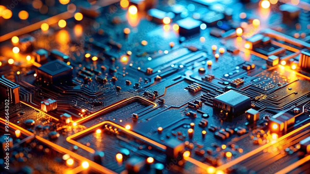 Poster macro image of processor or graphics card - close-up of technological device with neon led lights