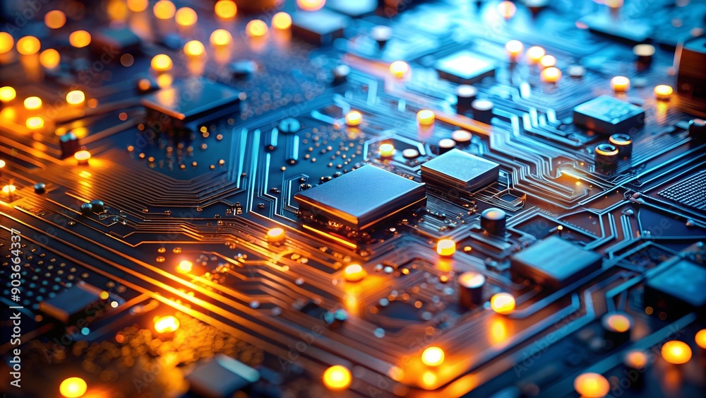 Poster macro image of processor or graphics card - close-up of technological device with neon led lights
