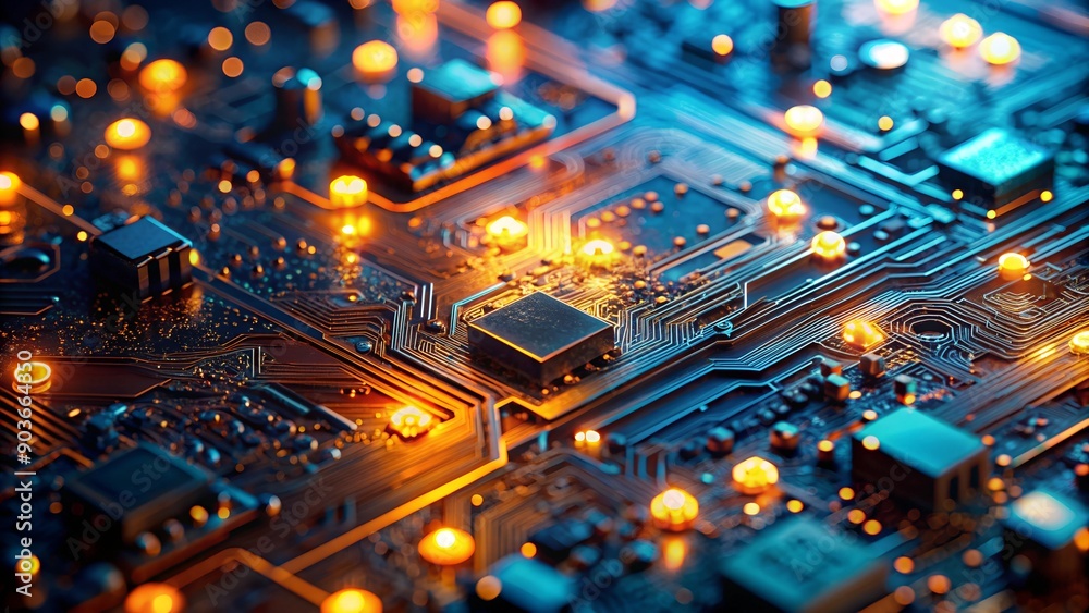 Poster macro image of processor or graphics card - close-up of technological device with neon led lights