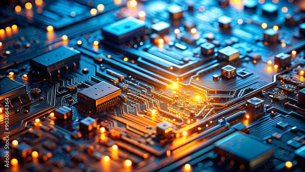 Poster macro image of processor or graphics card - close-up of technological device with neon led lights