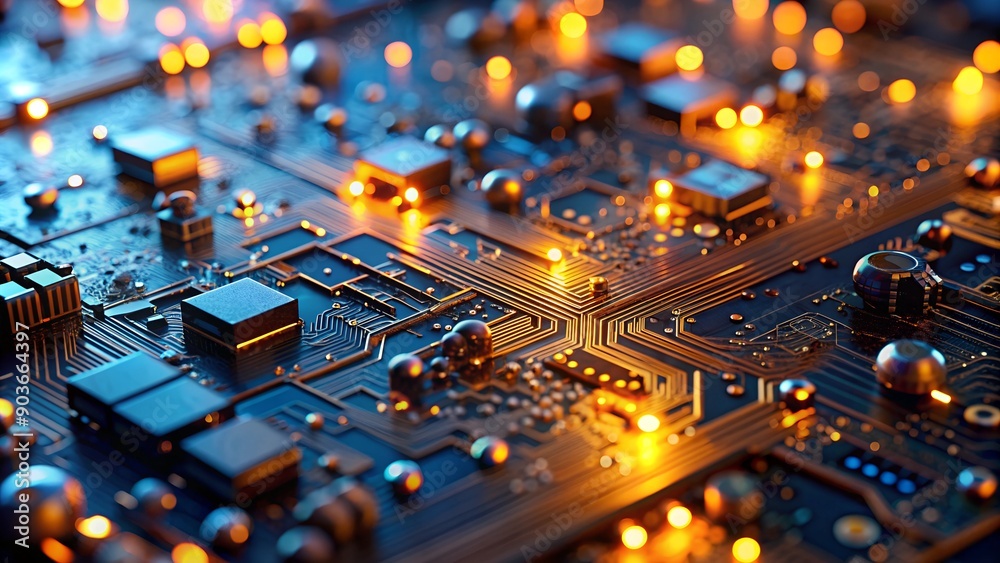 Poster macro image of processor or graphics card - close-up of technological device with neon led lights