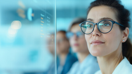 Three businesswomen with glasses review data on a transparent screen in a modern office, emphasizing their analytical skills and teamwork, and highlighting technology in business processes.