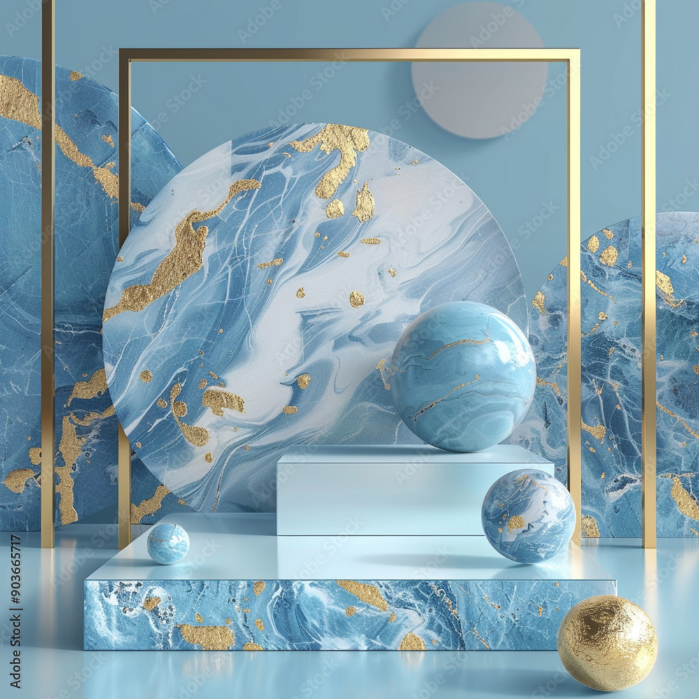 Wall mural blue marble and gold abstract background with generative ai. product display podium.
