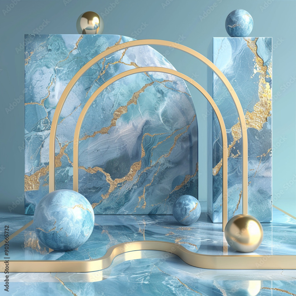 Wall mural blue marble and gold abstract background with generative ai. product display podium.