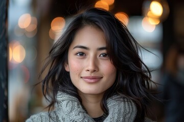 Fototapeta premium Young Woman Smiling with Bokeh Lights.