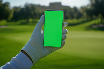 person wearing golf glove holding a smartphone mockup with green screen at golf course.
