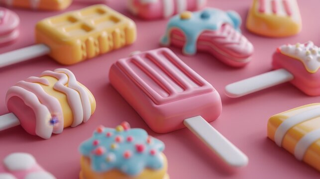 A collection of miniature, colorful ice cream pops and cakes on a pink background.