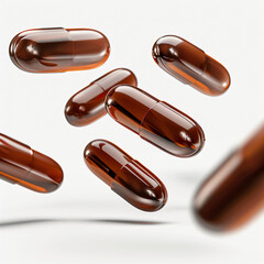 Brown Capsules Falling on White Background