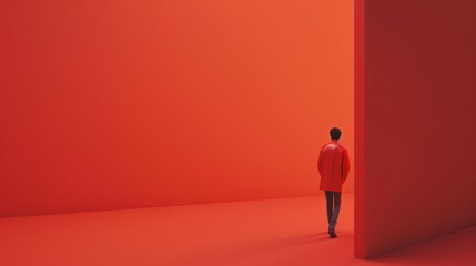 A lone figure walks towards a doorway in a red room. The minimalist setting creates a sense of uncertainty and possibility.