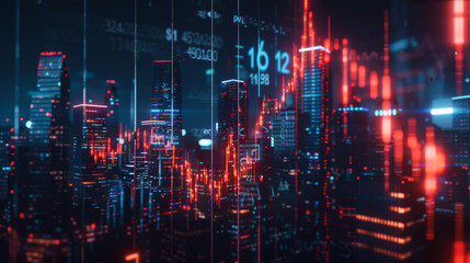 Fototapeta premium Cityscape with many buildings illuminated in red and blue. The city appears to be in the midst of a financial crisis, as evidenced by the red lights. Abstract background, copy space.