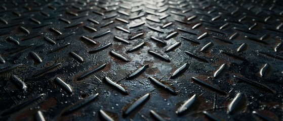Close-up of a Diamond Plate Surface with Rust and Water Droplets