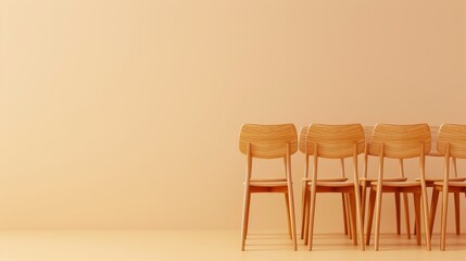 A row of wooden chairs facing a blank wall, ready for a meeting or a gathering.  The minimalist setting provides a clean and simple backdrop.