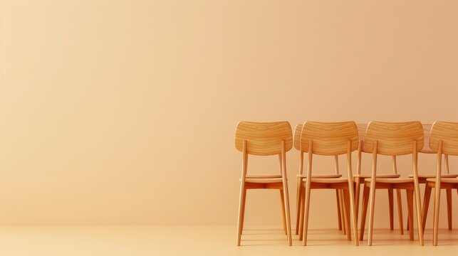 A row of wooden chairs facing a blank wall, ready for a meeting or a gathering.  The minimalist setting provides a clean and simple backdrop.