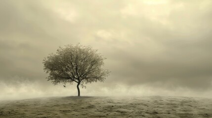 Obraz premium A solitary tree stands tall in a misty field, with a cloudy sky overhead.