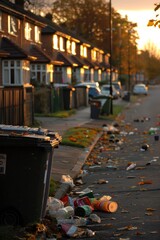 Fototapeta premium Trash-Filled Street in Front of Houses at Sunset