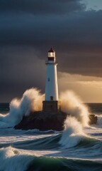 Obraz premium A tall lighthouse standing on a cliff, the waves of the ocean crashing against the rocks