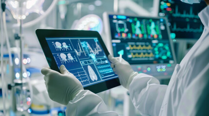 Close-up of the hands of a scientist in a white coat with a modern technological tablet demonstrating scientific research. Concept of technologies, experiments, analysis.