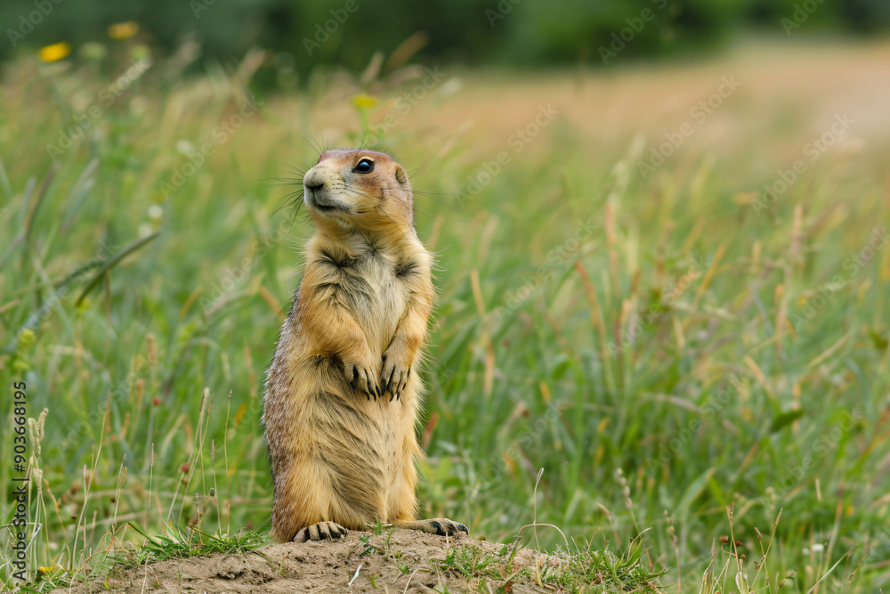 Wall mural curious prairie dog standing in tall grass