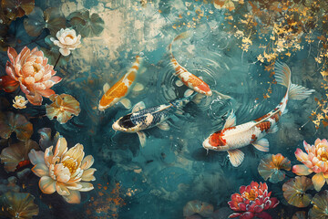Koi Fish Swimming in a Pond with Water Lilies