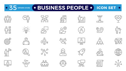 Business people line icons set. Businessman outline icons collection. Teamwork, human resources, meeting, partnership, meeting, work group, success, resume. Editable stroke outline icon. 
