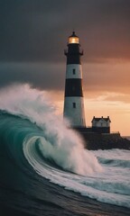 A tall lighthouse standing on a cliff, the waves of the ocean crashing against the rocks