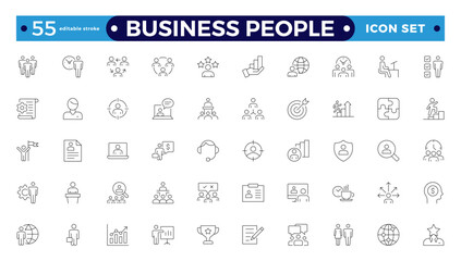 Business people line icons set. Businessman outline icons collection. Teamwork, human resources, meeting, partnership, meeting, work group, success, resume. Editable stroke outline icon. 
