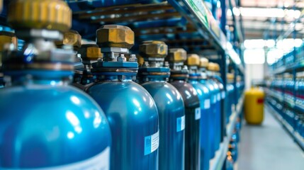 Oxygen cylinder with compressed gas. Blue Oxygen tanks for industry. Liquefied oxygen production. Factory