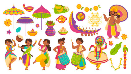Hand drawn flat happy onam element set collection