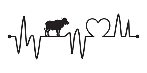Heartbeat line with Buffalo silhouette, Buffalo and Heartbeat frequency with Heart Love Vector illustration
