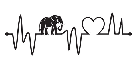 Heartbeat line with Elephant silhouette, Elephant and Heartbeat frequency with Heart Love Vector illustration

