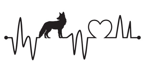 Heartbeat line with Fox silhouette, Fox and Heartbeat frequency with Heart Love Vector illustration
