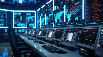 Logistics control room with advanced AI systems and holographic maps