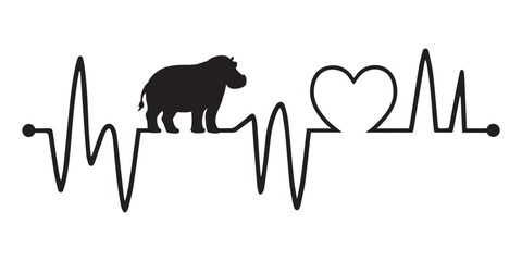 Heartbeat line with Hippopotamus silhouette, Hippopotamus and Heartbeat frequency with Heart Love Vector illustration