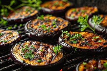 Grilled eggplant slices garnished with fresh herbs