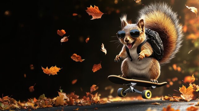 A cheerful squirrel wearing aviator sunglasses, riding a skateboard with a small backpack, zooming through a park with autumn leaves falling, on a black background 