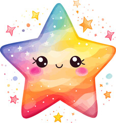 Cute Little Kawaii Star Rainbow Watercolor Illustration Vector.