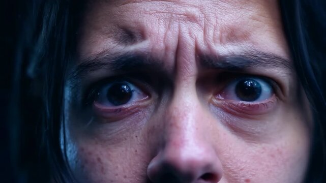 Person eyes close up. Mental health problem concept. Man with panic attack, fear, anxiety closeup. Scared anxious people feel depression emotions. Negative feelings. Disorder.