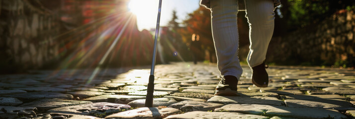 A man is walking down the street with a cane in his hands. A blind man is walking down the street....