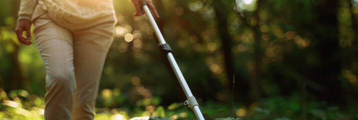 A woman walks down the street with a cane in her hands. A blind woman is walking down the street. International White Cane Day