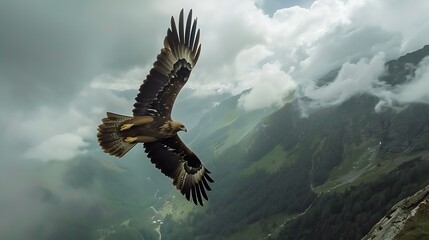 Obraz premium Golden eagle soars with wide wings through clouds for majestic mountain flight display of nature power and untamed wilderness grace concept.
