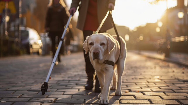 A guide dog leads a blind man down the street. a person with poor eyesight walks with a dog on the street. International White Cane Day