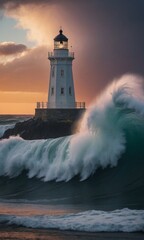 Obraz premium A tall lighthouse standing on a cliff, the waves of the ocean crashing against the rocks